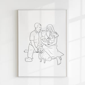 Custom Family Portrait from Photo | Line Art Style Family Drawing with Baby & Pet | Personalized Family Gift | Mother&#39;s Day Gift Idea