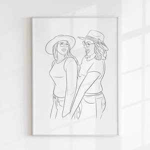Retrato de arte de linha personalizado, desenho minimalista de melhor amigo, esboço sem rosto personalizado, arte de contorno digital, presente para irmã ou amiga