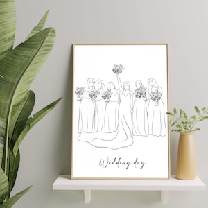 May include: A black and white line drawing of a bride and her bridesmaids on their wedding day. The bride is in the centre of the image, and she is holding a bouquet of flowers. The bridesmaids are standing on either side of her, and they are also holding bouquets of flowers. The text "Wedding Day" is written at the bottom of the image.