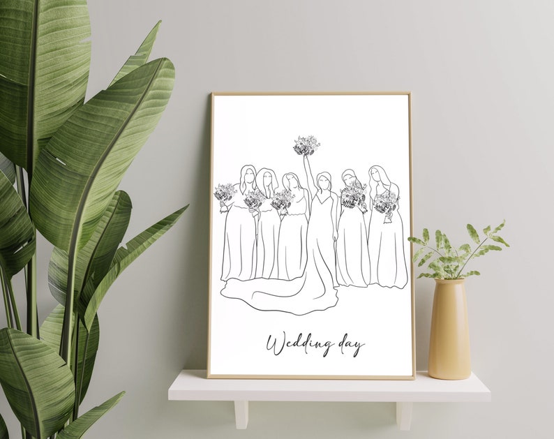 May include: A black and white line drawing of a bride and her bridesmaids on their wedding day. The bride is in the centre of the image, and she is holding a bouquet of flowers. The bridesmaids are standing on either side of her, and they are also holding bouquets of flowers. The text "Wedding Day" is written at the bottom of the image.