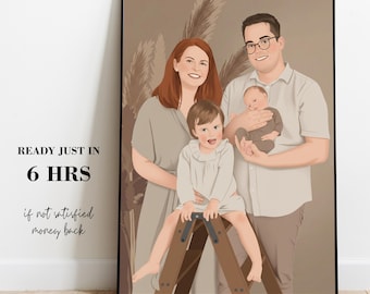 Custom Family Portrait Illustration, Personalized Digital Drawing From Photo, Minimalist Wall Art, Unique Gift For Parents & Kids