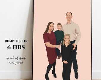 Custom Cartoon Family Portrait from Photo, Personalized Drawing