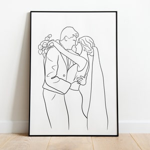May include: A black and white line drawing of a couple embracing. The bride is wearing a veil and the groom is holding a bouquet of flowers.