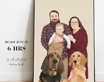Custom Family With Pet Portrait: Personalized Family Gift, Drawing Illustration from Photo, Hand Drawing Cartoon Portrait
