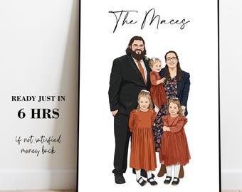 Custom Cartoon Family Portrait, Drawing Illustration from Photo, Personalized Christmas Gift for Her or Him,