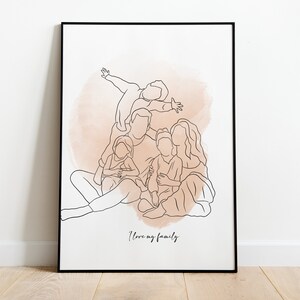 May include: A line drawing of a family of five with a peach watercolor background. The family is sitting together and the text "I love my family" is written below them.