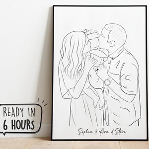Retrato familiar personalizado, dibujo lineal personalizado, regalo del día de la madre, retrato de pareja, regalo para mamá, bocetos a partir de fotos, regalos personalizados