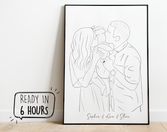 Portrait de famille personnalisé, Dessin au trait personnalisé, Cadeau pour la fête des Mères, Portrait de couple, Cadeau pour maman, Croquis à partir d'une photo, Cadeaux personnalisés