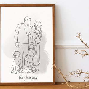 May include: A black and white line drawing of a family with a dog. The family is standing together, with the parents looking at each other and the child looking at the dog. The dog is sitting in front of the family. The drawing is on a white background with a light gray watercolor wash. The text "The Jacksons" is written below the drawing.