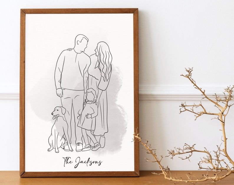 May include: A black and white line drawing of a family with a dog. The family is standing together, with the parents looking at each other and the child looking at the dog. The dog is sitting in front of the family. The drawing is on a white background with a light gray watercolor wash. The text "The Jacksons" is written below the drawing.