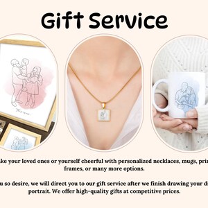 May include: A digital illustration of a family of three, a father, mother, and child, is printed on a white mug, a framed print, and a necklace pendant. The image is surrounded by text that reads "Gift Service" and describes the service offered.