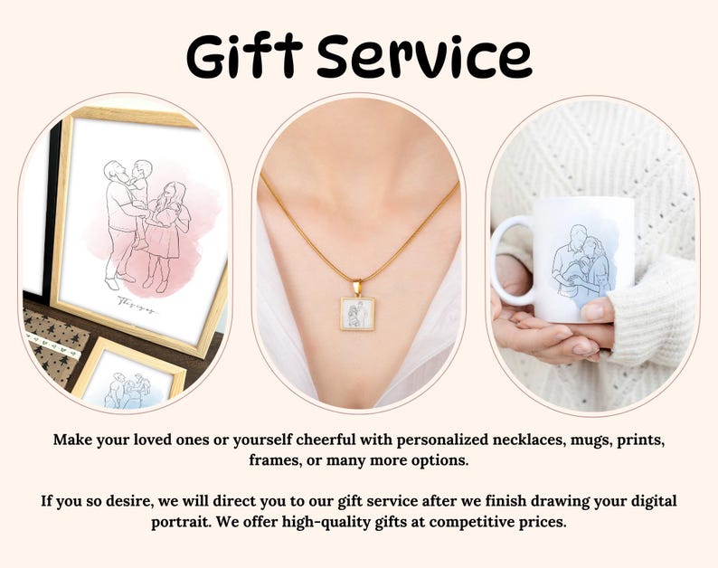 May include: A digital illustration of a family of three, a father, mother, and child, is printed on a white mug, a framed print, and a necklace pendant. The image is surrounded by text that reads "Gift Service" and describes the service offered.