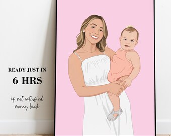 Custom Cartoon Portrait: Custom Family Illustration Drawing From Photo,Personalized Gift for Her, Grandma gift, Gift For Mom
