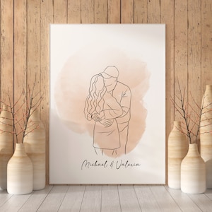 May include: Line art illustration of a couple embracing, with a watercolor background in shades of peach and brown. The names "Michael & Valeria" are written below the couple.