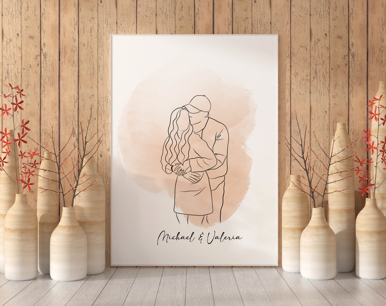 May include: Line art illustration of a couple embracing, with a watercolor background in shades of peach and brown. The names "Michael & Valeria" are written below the couple.