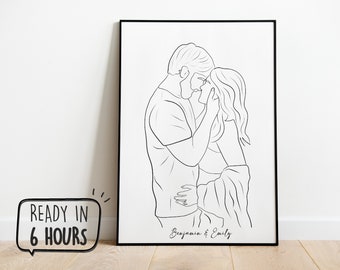 Portrait personnalisé, Dessin au trait de couple personnalisé, Cadeau de fiançailles, Portrait de mariage, Cadeau d'anniversaire, Croquis à partir d'une photo, Cadeaux personnalisés