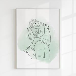 Retrato personalizado de papá e hijo – Regalo para el Día del Padre a partir de una foto – Dibujo familiar minimalista – Arte mural personalizado para papá