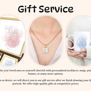 May include: A digital illustration of a family of three, a father, mother, and child, is printed on a white mug, a framed print, and a necklace pendant. The image is surrounded by text that reads "Gift Service" and describes the service offered.