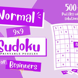Può includere: Un libretto di puzzle Sudoku stampabile per principianti, di colore viola e bianco. La copertina presenta il testo "Normal 9x9 Sudoku Printable Puzzles for Beginners" e un esempio di puzzle con il numero 8 riempito. È anche visibile il testo "500+ Puzzles with Solutions".