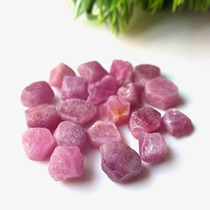 Puede incluir: Un conjunto de piedras preciosas de rubí en bruto, sin tallar, en tonos rosados y rojizos. Las piedras, con formas irregulares y texturas naturales, se agrupan sobre un fondo blanco, resaltando sus colores.
