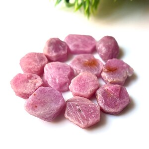 Puede incluir: Una colección de piedras preciosas de rubí rosa en bruto y sin cortar. Las piedras preciosas varían en forma y tamaño, con una gama de tonos rosados. Las piedras están dispersas sobre una superficie blanca, con un toque de follaje verde en el fondo. Ideales para joyería.