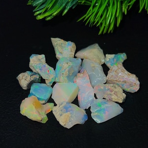 Peut inclure: Un ensemble de pierres d'opale brutes, présentant une variété de couleurs, notamment des bleus, des verts et des éclats irisés. Les opales sont disposées sur un fond noir, avec une brindille de feuillage vert en haut à droite.