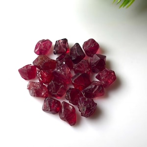 May include: A collection of small, raw, deep red garnet gemstones with irregular, faceted shapes and a translucent appearance. These stones exhibit a rich, dark crimson hue and a natural, unpolished texture, clustered together in a loose pile.