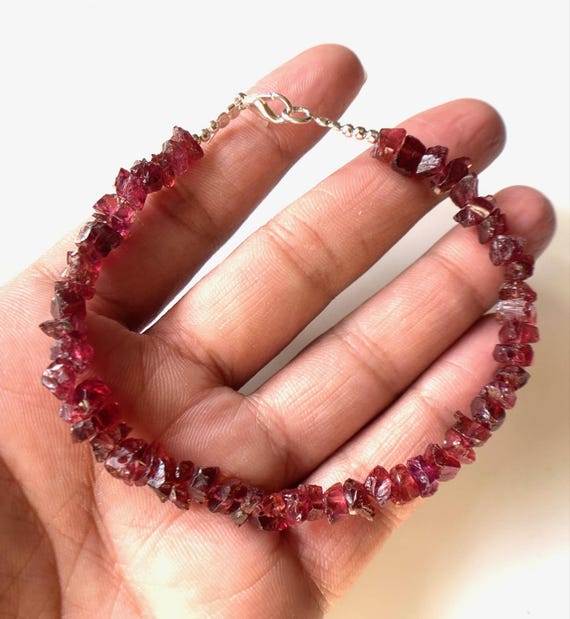 Red Garnet Raw Bracelet, Silver Bracelet, Natural Raw Garnet