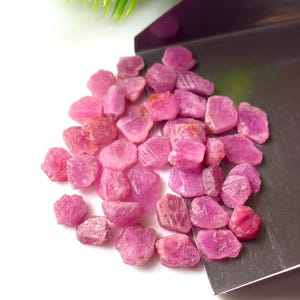 May include: A collection of small, raw, unpolished pinkish-red ruby gemstones scattered on a flat surface. The stones have irregular, jagged shapes and varying levels of translucency. A metallic scoop is partially visible beneath the stones.