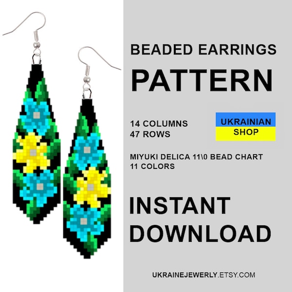 PDF Brick stitch pattern for seed bead earrings, Beading earrings flower digital, Fringe Earrings PDF Pattern, Template for beaded earrings