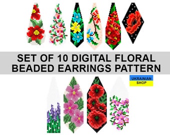 Set of 10 Brick Stitch Pattern Floral, Flower Seed Bead Earrings Pattern PDF, Fringe earrings Unique Brickstitch sunflower earrings pattern