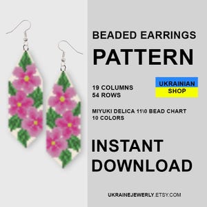 Patrón de pendientes con punto de ladrillo floral, PDF para Miyuki Delica, tutorial de abalorios florales, diseño de joyería cottagecore, tabla de bricolaje con cuentas pequeñas estilo boho.