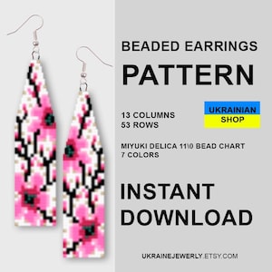 May include: A pair of beaded earrings with a floral pattern in pink, white, and black. The earrings are rectangular with a curved top. The image also includes text that says "BEADED EARRINGS PATTERN" and "INSTANT DOWNLOAD".