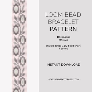 May include: A loom bead bracelet pattern with a floral design in shades of gray and green on a pink background. The text reads "LOOM BEAD BRACELET PATTERN" with details about the pattern's columns, rows, and colors.