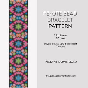 Geometric Beadwork Pattern PDF, Modern Peyote Cuff Bracelet, Miyuki Delica Pink Blue Green Design, Odd Count Peyote Choker Beading Tutorial