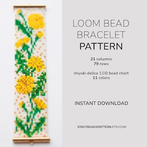 May include: A loom bead bracelet pattern with a floral design of yellow flowers and green leaves. The pattern includes 21 columns, 79 rows, and uses 11 colours. The text "LOOM BEAD BRACELET PATTERN" is displayed.