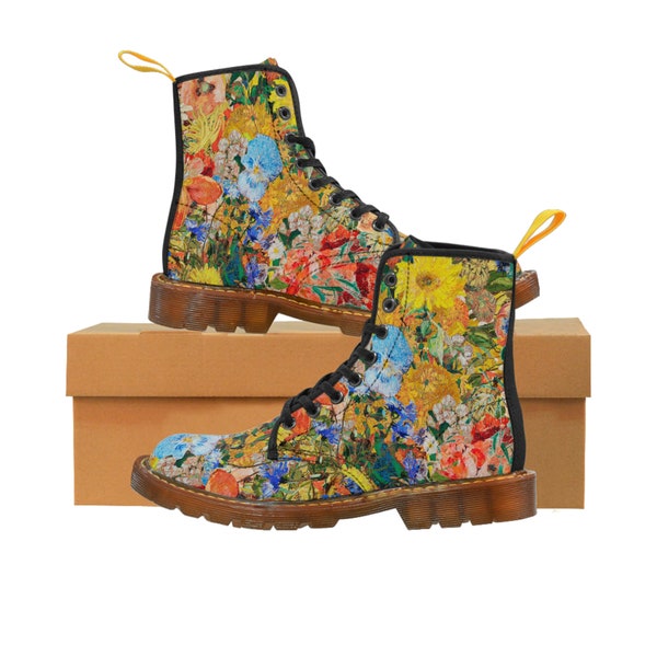 Botas de lona para mujer con flores vintage, botas de lona para mujer con arte estético, botas coloridas de cuero vegano