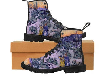 Van Gogh Landscape Women's Canvas Boots,Aesthetic Boots ,Vegan Leather, Boho Chic Bohemian Boots, Combat Boots,  Custom Boots