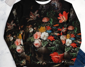 Le bouquet renversé par Abraham Mignon, sweat-shirt unisexe, sweat-shirt beaux-arts à imprimé all over