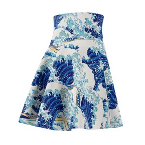 Hokusai's The Great Wave Remixed Pattern Women's Skater Skirt AOP, All Over Print Aesthetic Fine Art Skirt image 5