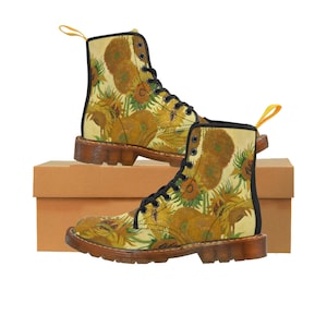 Vincent Van Gogh's Zonnebloemen Womens Canvas Boots, All over esthetische Art Women's Canvas Boots, Vegan Leather Boots
