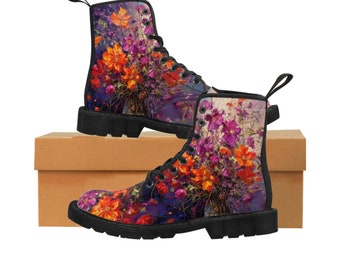 Boho Flowers Women's Canvas Boots,Aesthetic Boots ,Vegan Leather, Boho Chic Bohemian Boots, Combat Boots,  Custom Boots