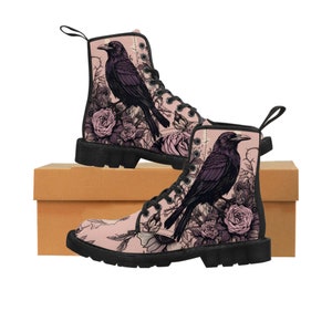 Crow Witchy canvas dameslaarzen, Goth Custom Boots, Raven Witchcraft Boots, Retro Witchy Crow Boots