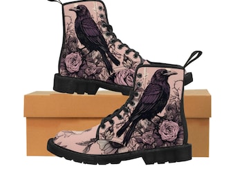 Crow Witchy Women&#39;s Canvas Boots , Goth Custom Boots , Raven Witchcraft Boots, , Retro Witchy Crow Boots