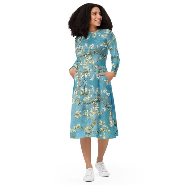 Vincent van Gogh's Almond blossom Dress ,All Over Print Aesthetic Midi Dress ,Classic Art Dress,Longsleeve Dress with Pockets