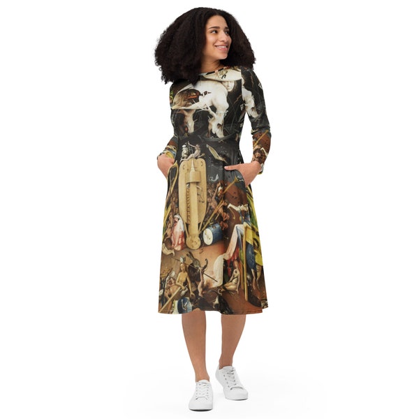 Hieronymus Bosch's The Garden of Earthly Delights All-over print long sleeve midi dress,Aesthetic Fine Art Dress