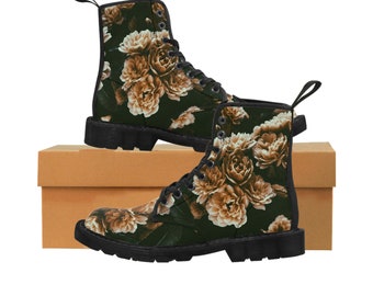 Black Floral Women's Canvas Boots , Aesthetic womens shoes ,Boho Boots Vegan Leather Boots