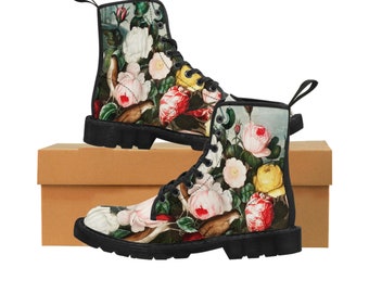 Vintage Floral Boots ,All over aesthetic Art Women's Canvas Boots ,Vegan  Leather Boots