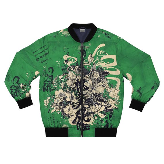 Retro Green Japanese Bomber Men's Jacket, Streetwear Bomber Jacket