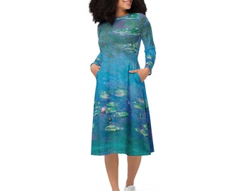 Vestido de nenúfares de Claude Monet, vestido estético unisex con estampado completo, vestido de arte clásico